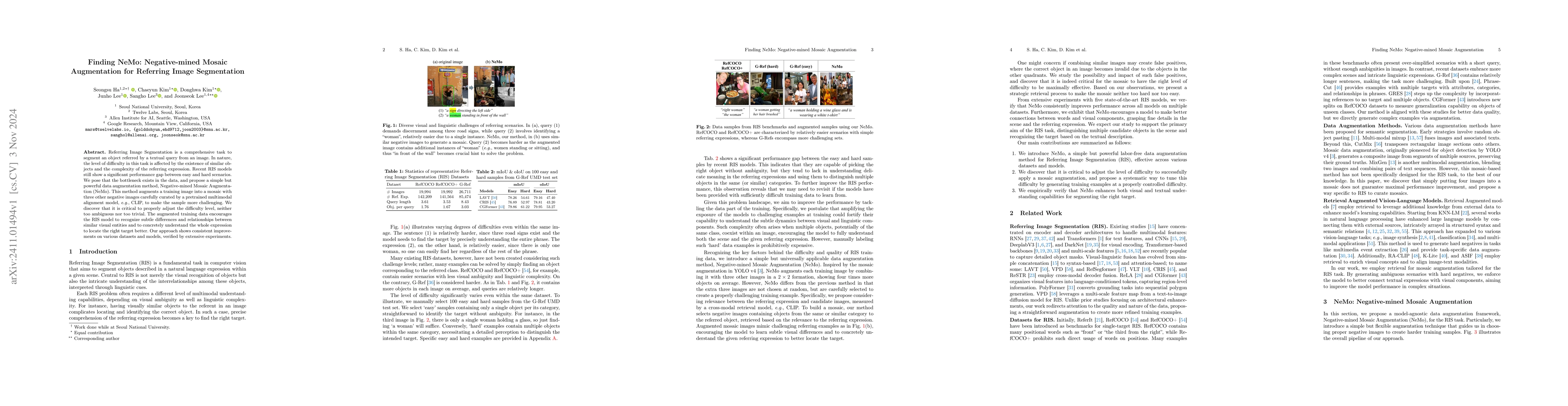 Thumbnail for Finding NeMo: Negative-mined Mosaic Augmentation for Referring Image
  Segmentation