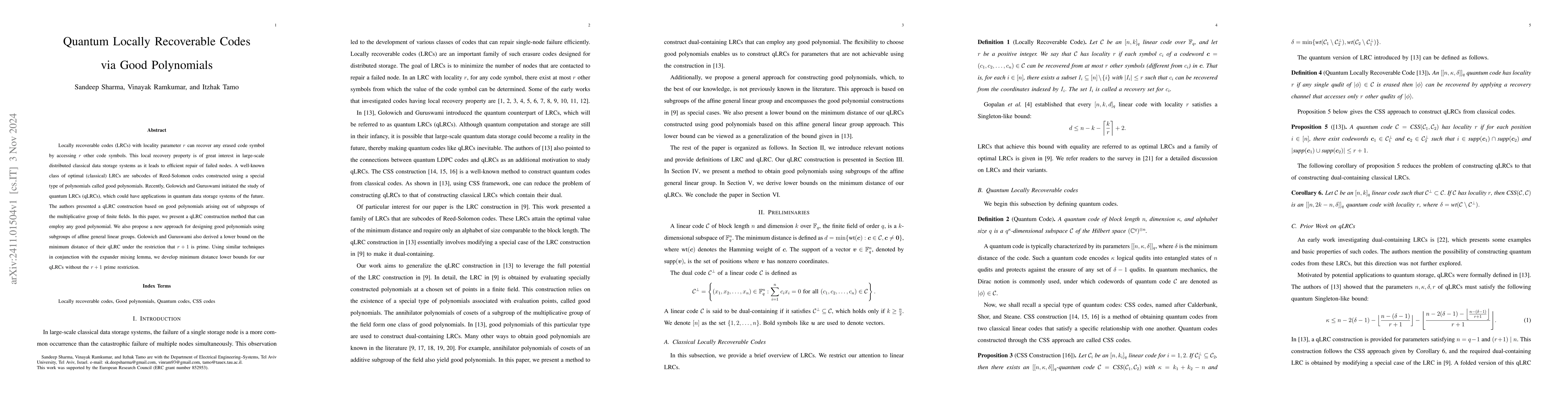Thumbnail for Quantum Locally Recoverable Codes via Good Polynomials