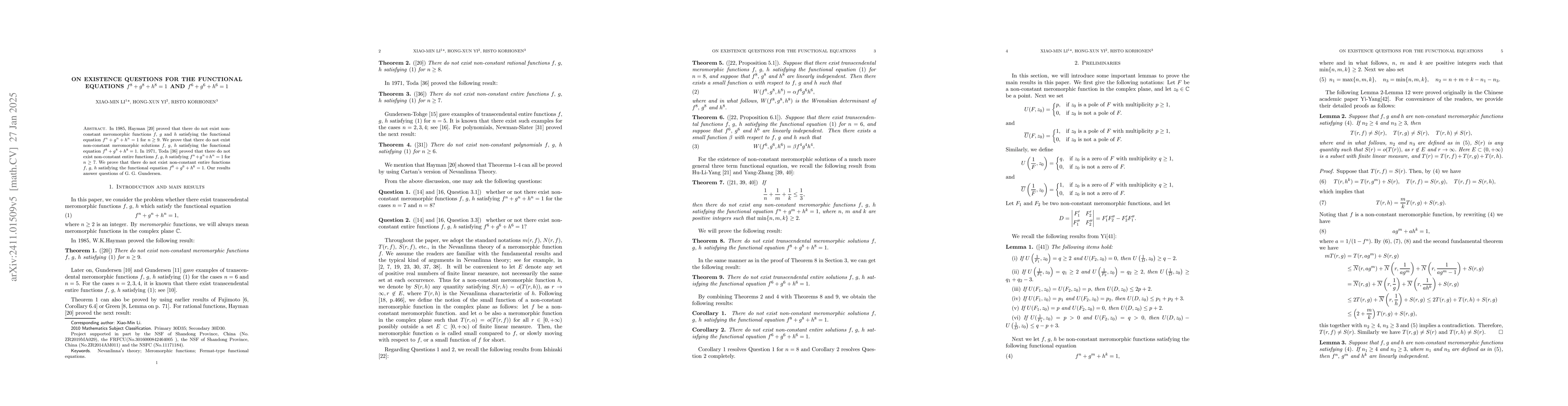Thumbnail for On existence questions for the functional equations $f^8+g^8+h^8=1$ and
  $f^6+g^6+h^6=1$