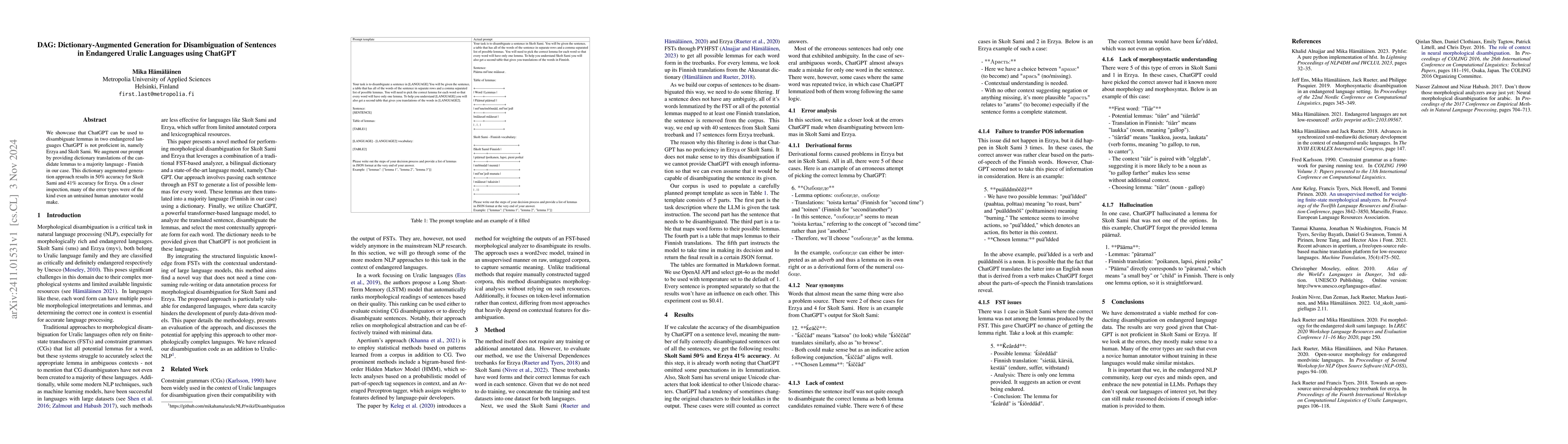 Thumbnail for DAG: Dictionary-Augmented Generation for Disambiguation of Sentences in
  Endangered Uralic Languages using ChatGPT