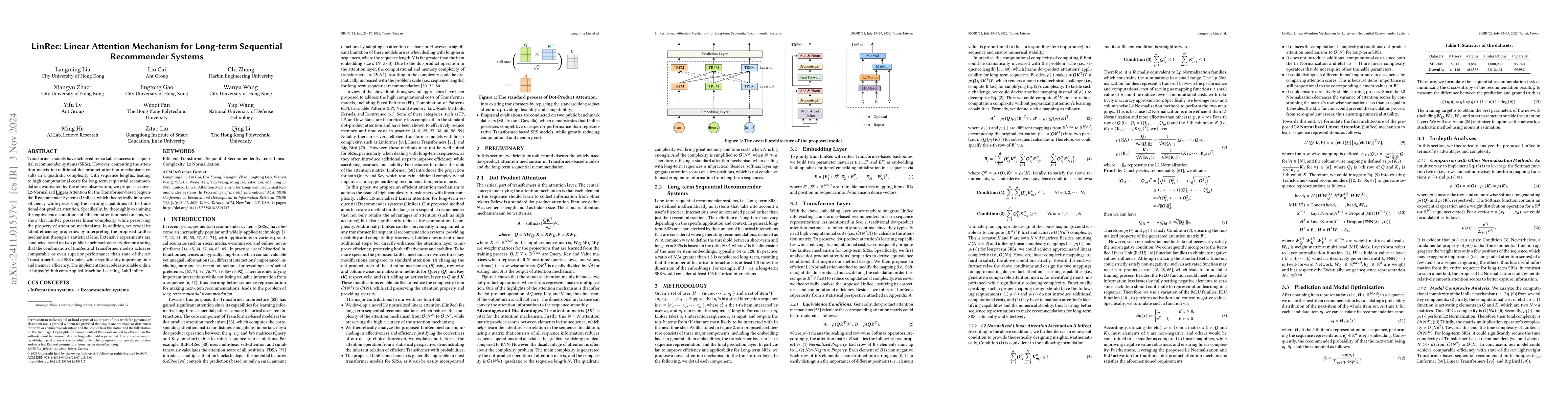 Thumbnail for LinRec: Linear Attention Mechanism for Long-term Sequential Recommender
  Systems