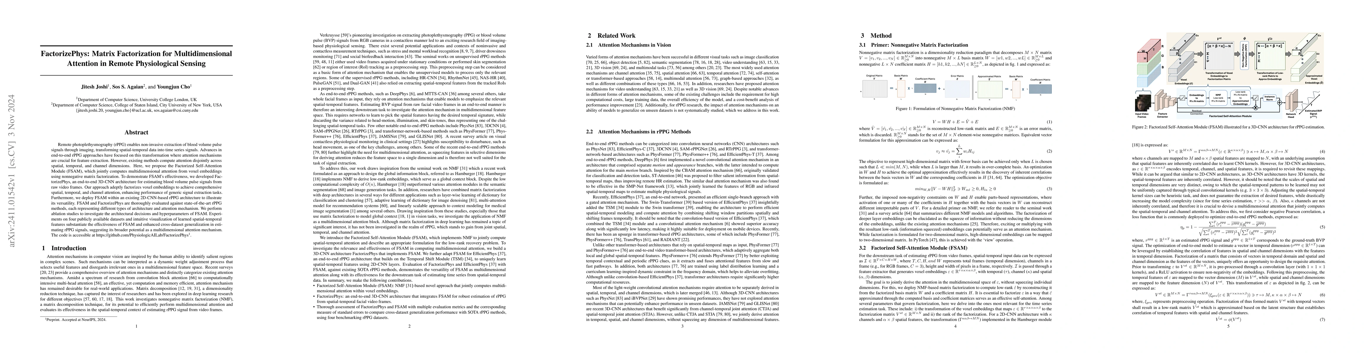 Thumbnail for FactorizePhys: Matrix Factorization for Multidimensional Attention in
  Remote Physiological Sensing