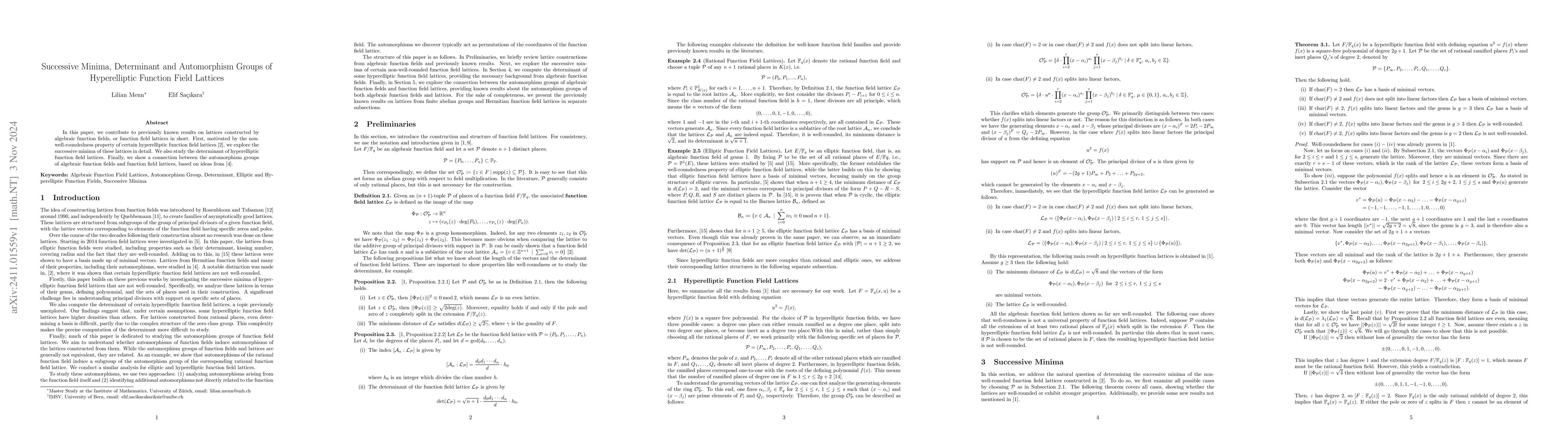 Thumbnail for Successive Minima, Determinant and Automorphism Groups of Hyperelliptic
  Function Field Lattices
