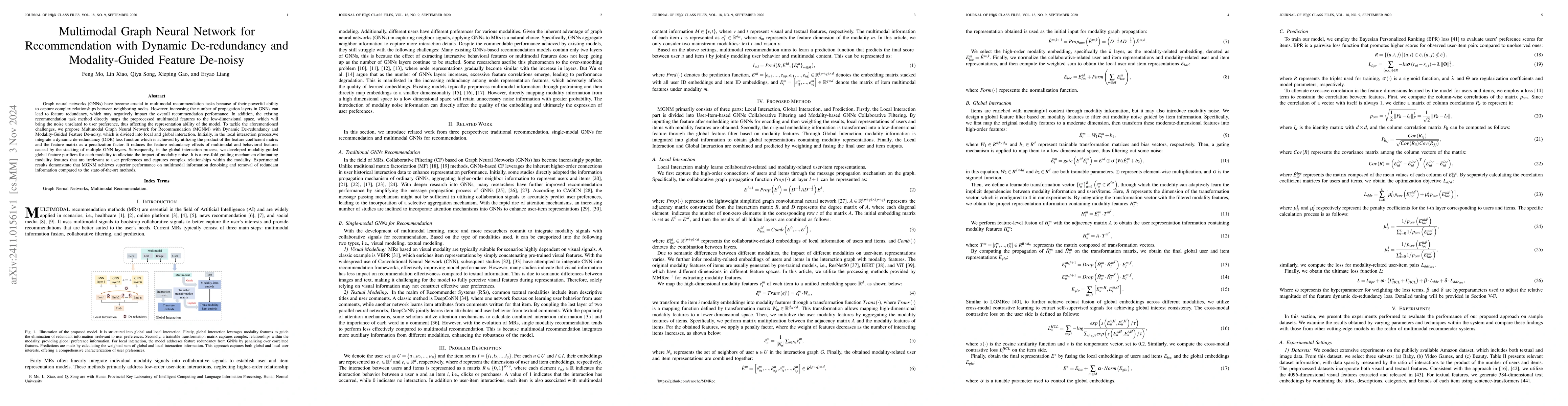 Thumbnail for Multimodal Graph Neural Network for Recommendation with Dynamic
  De-redundancy and Modality-Guided Feature De-noisy