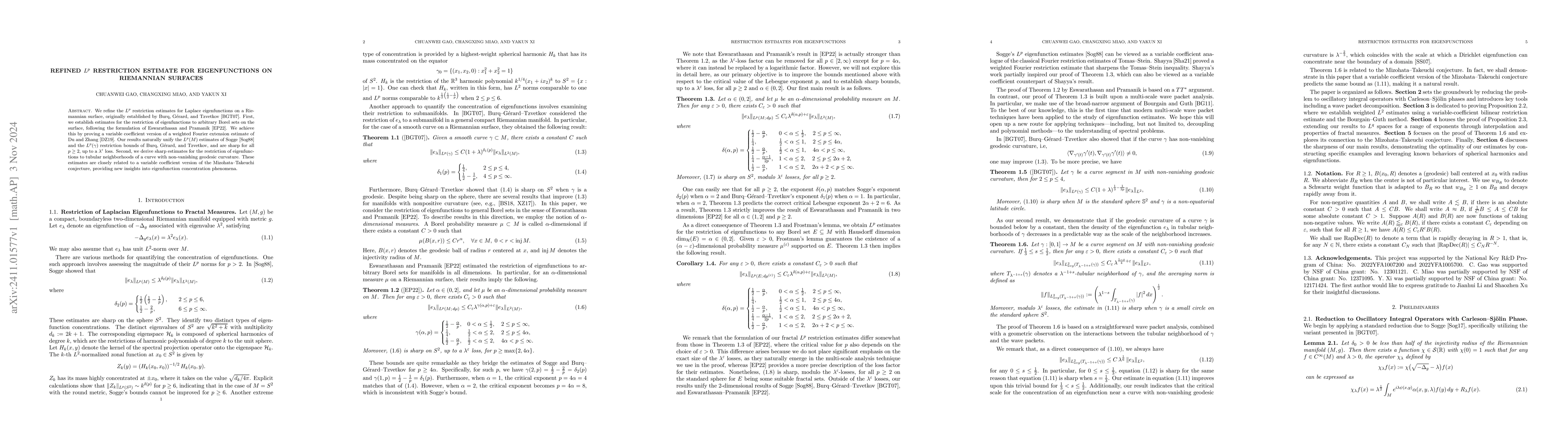 Thumbnail for Refined $L^p$ restriction estimate for eigenfunctions on Riemannian
  surfaces