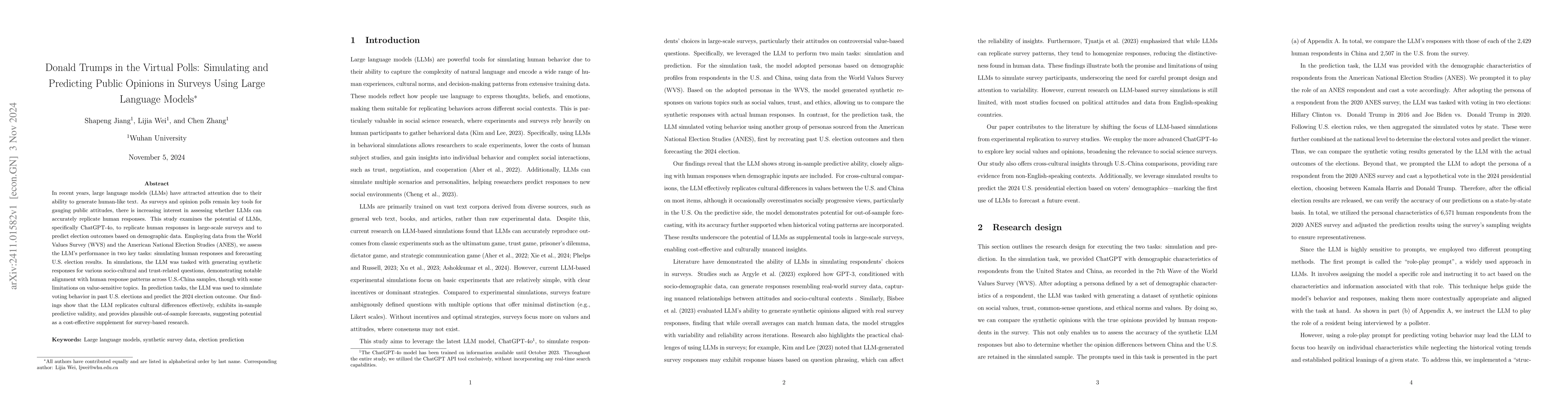 Thumbnail for Donald Trumps in the Virtual Polls: Simulating and Predicting Public
  Opinions in Surveys Using Large Language Models