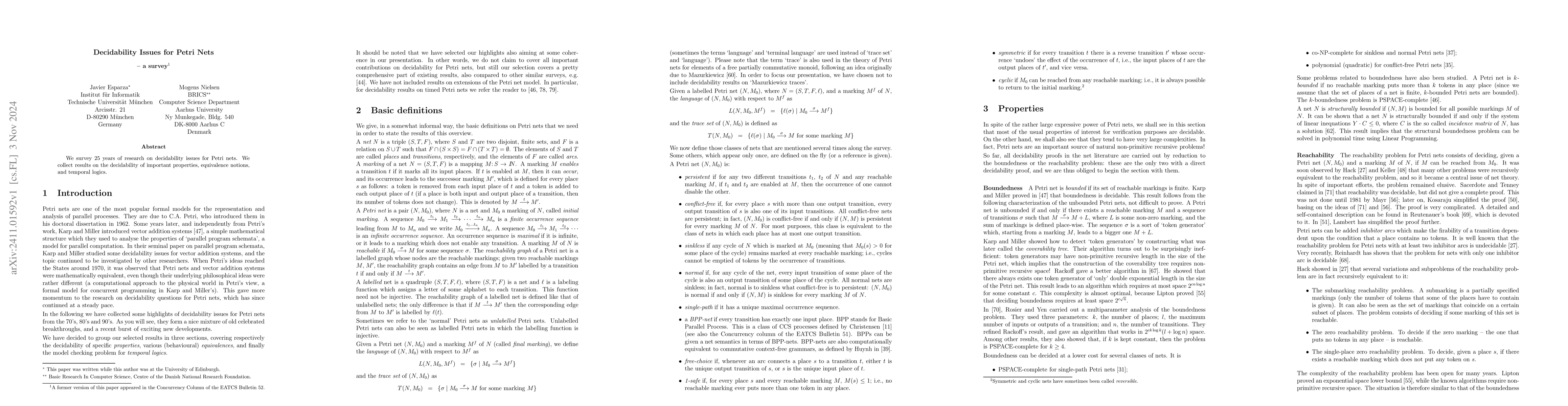 Thumbnail for Decidability Issues for Petri Nets -- a survey