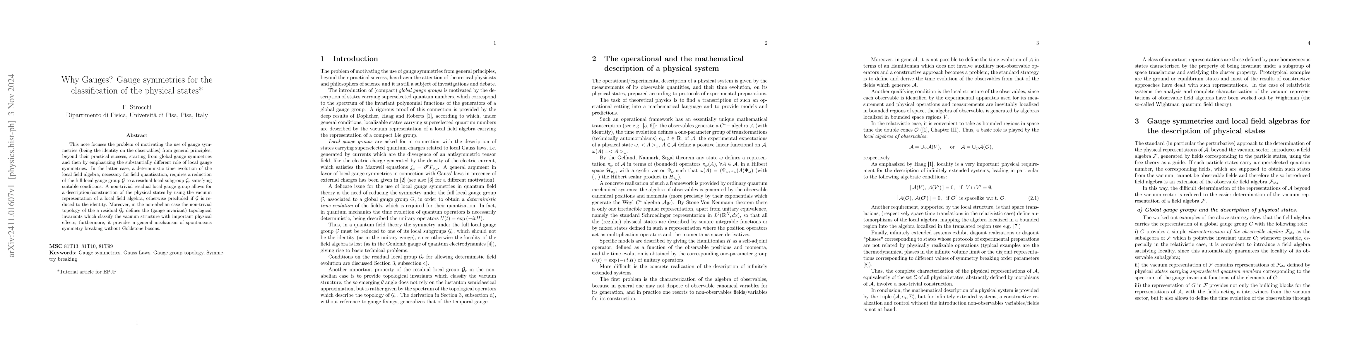 Thumbnail for Why Gauges? Gauge symmetries for the classification of the physical
  states