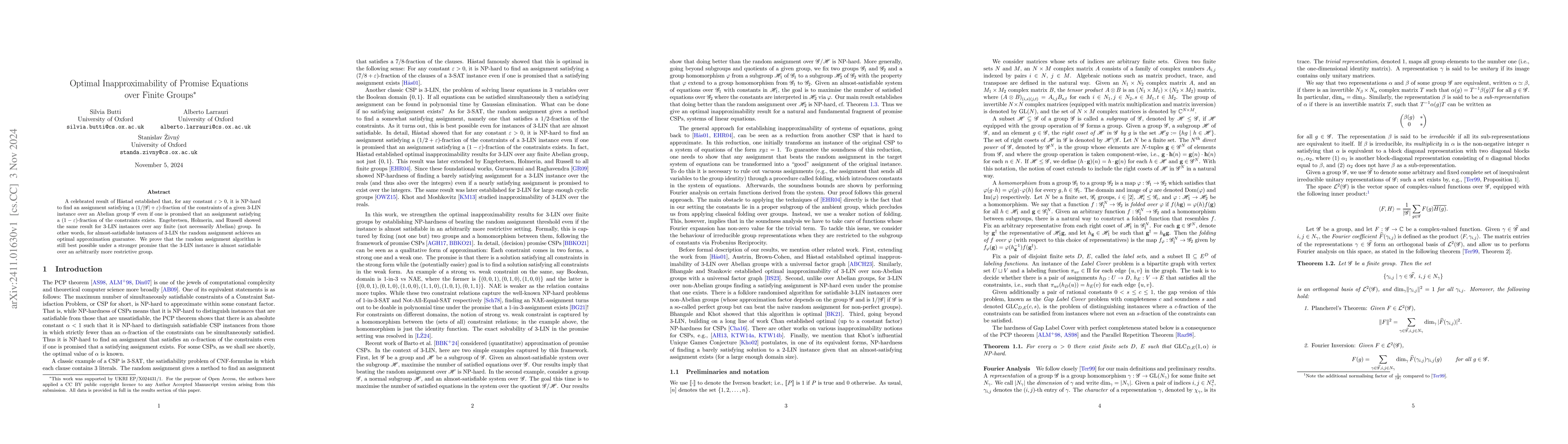 Thumbnail for Optimal Inapproximability of Promise Equations over Finite Groups