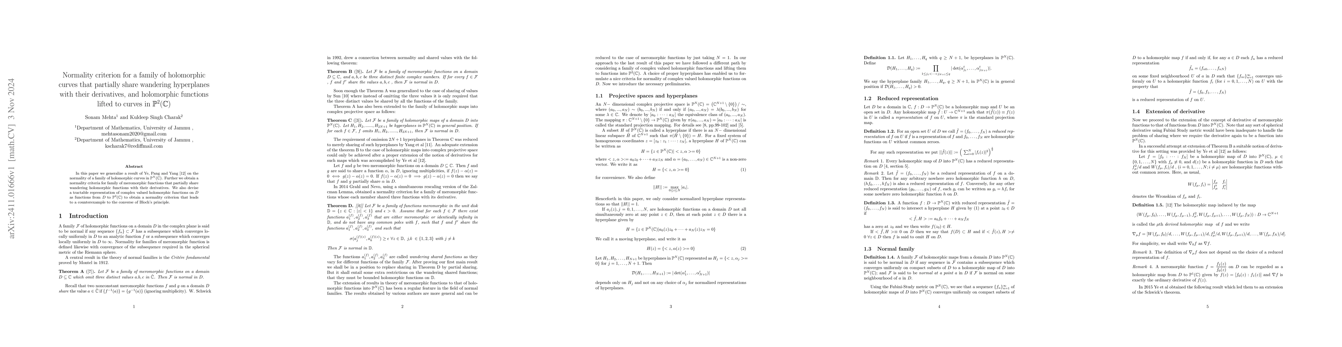 Thumbnail for Normality criterion for a family of holomorphic curves that partially
  share wandering hyperplanes with their derivatives, and holomorphic functions
  lifted to curves in $P^2(\mathbb{C})$