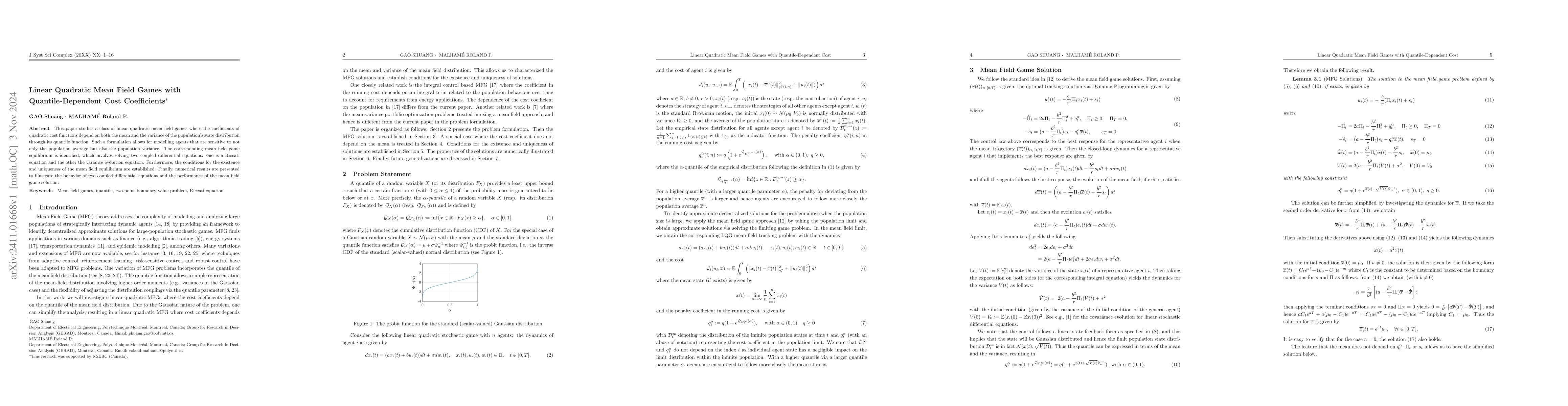 Thumbnail for Linear Quadratic Mean Field Games with Quantile-Dependent Cost
  Coefficients