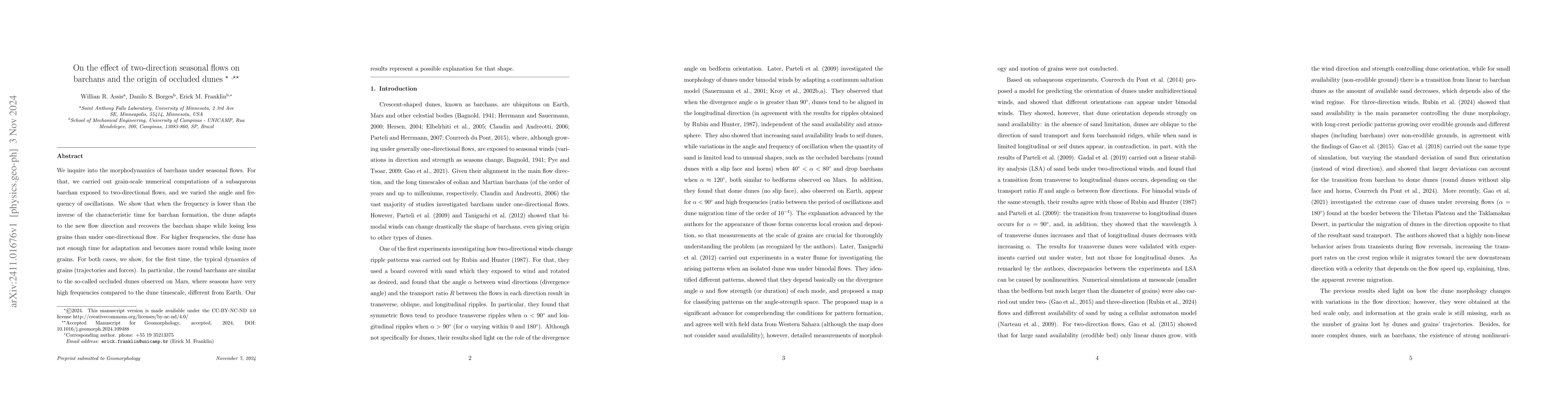 Thumbnail for On the effect of two-direction seasonal flows on barchans and the origin
  of occluded dunes
