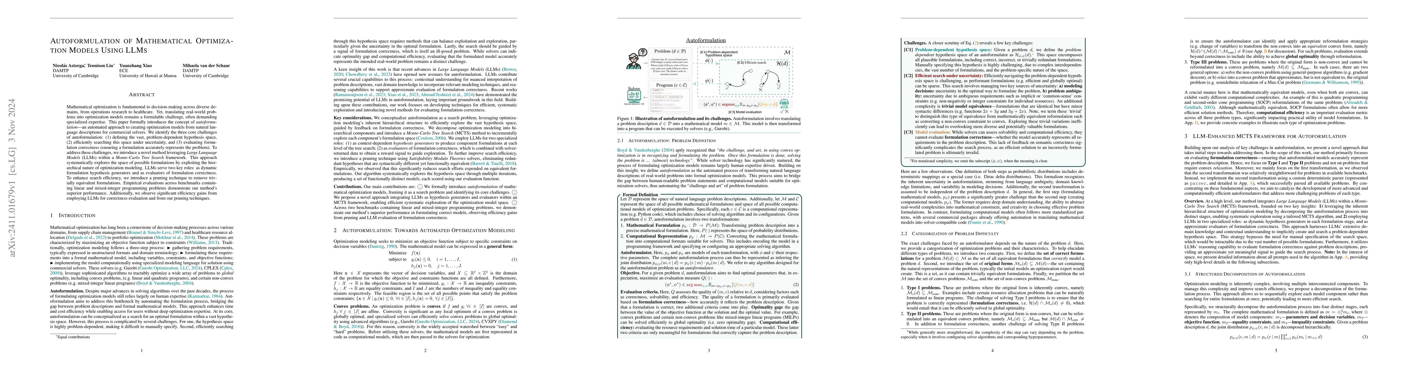 Thumbnail for Autoformulation of Mathematical Optimization Models Using LLMs