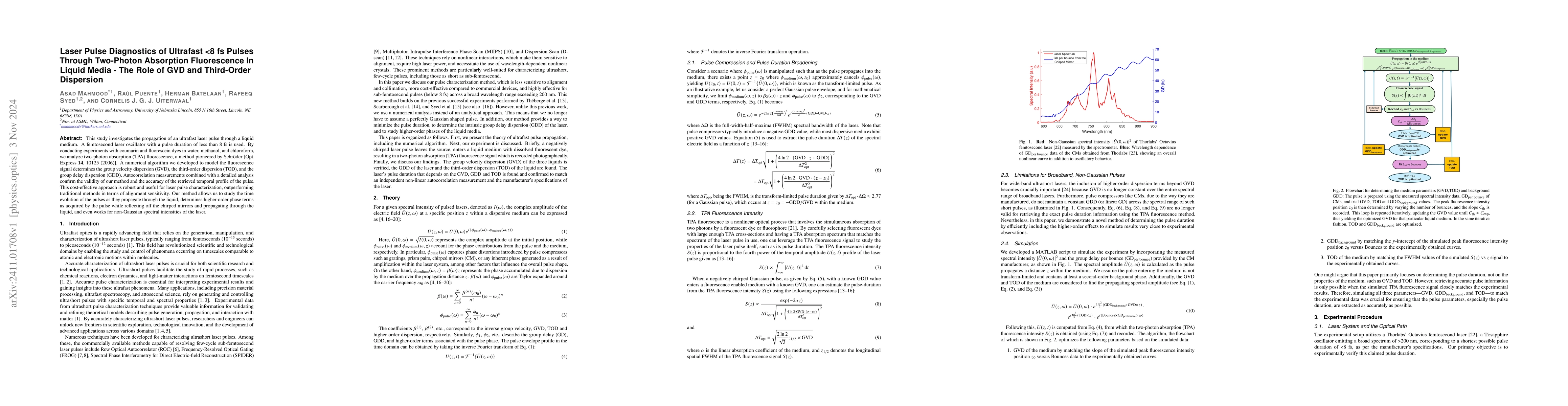 Thumbnail for Laser Pulse Diagnostics of Ultrafast <8 fs Pulses Through Two-Photon
  Absorption Fluorescence In Liquid Media -- The Role of GVD and Third-Order
  Dispersion