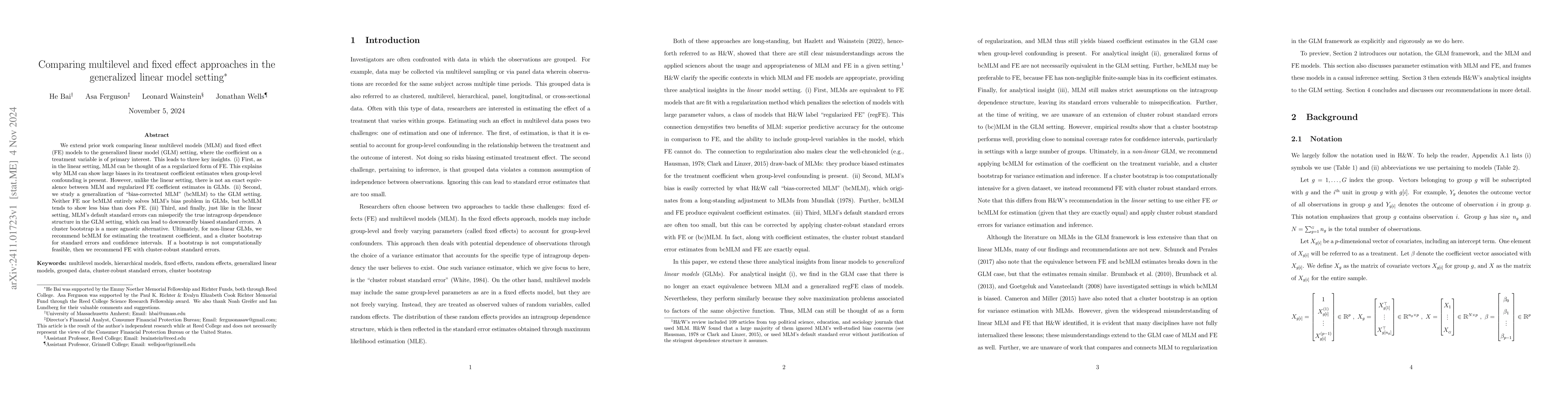 Thumbnail for Comparing multilevel and fixed effect approaches in the generalized
  linear model setting