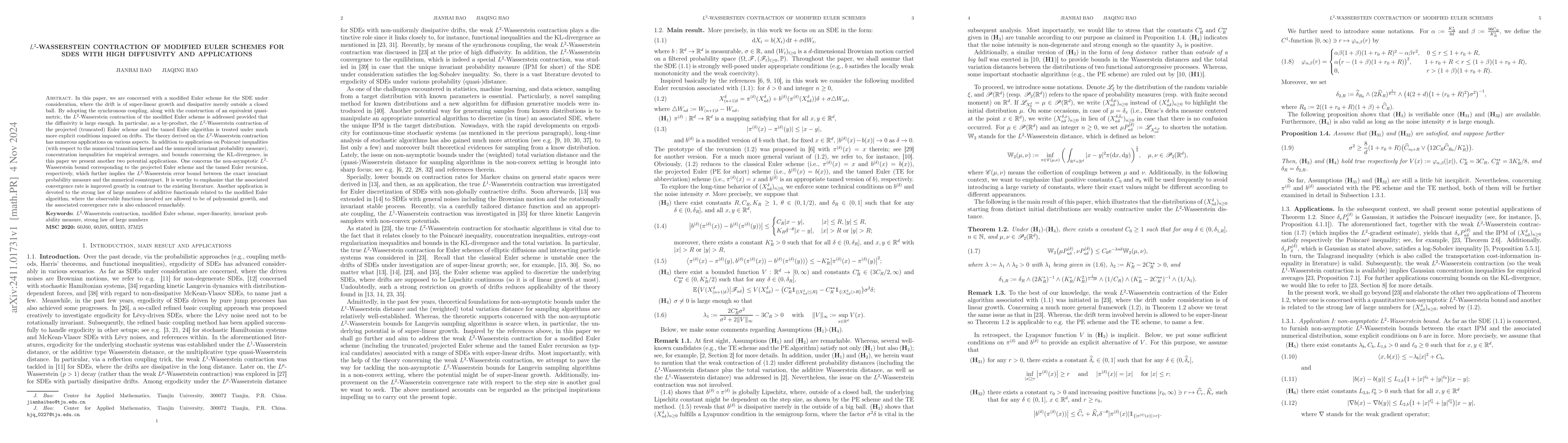 Thumbnail for $L^2$-Wasserstein contraction of modified Euler schemes for SDEs with
  high diffusivity and applications