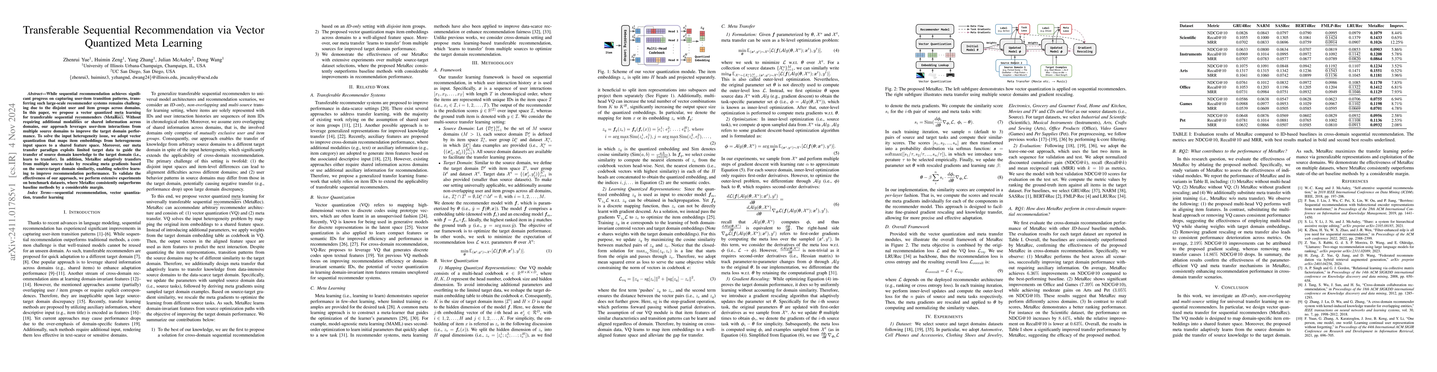 Thumbnail for Transferable Sequential Recommendation via Vector Quantized Meta
  Learning