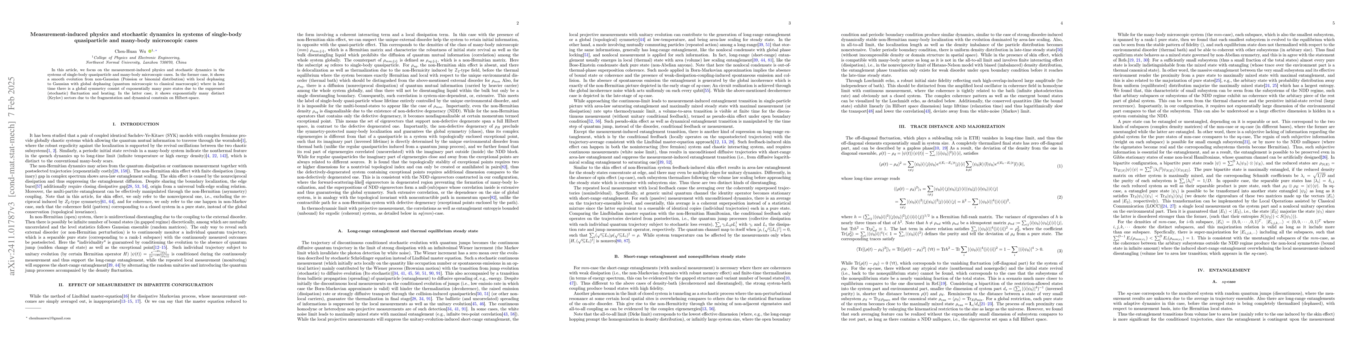 Thumbnail for Measurement-induced physics and stochastic dynamics in systems of
  single-body quasiparticle and many-body microscopic cases