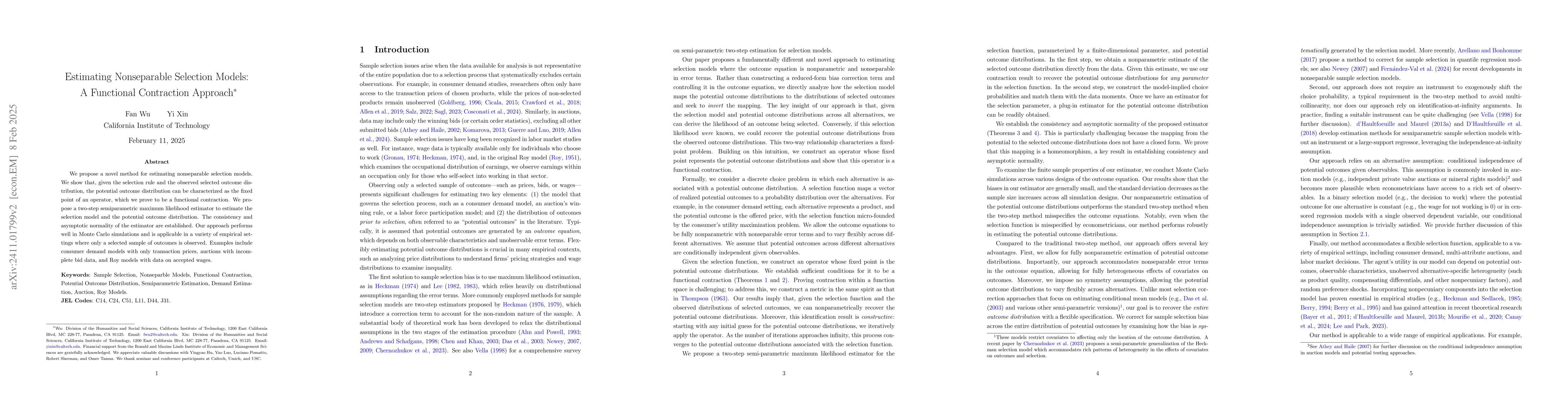 Thumbnail for Estimating Nonseparable Selection Models: A Functional Contraction
  Approach