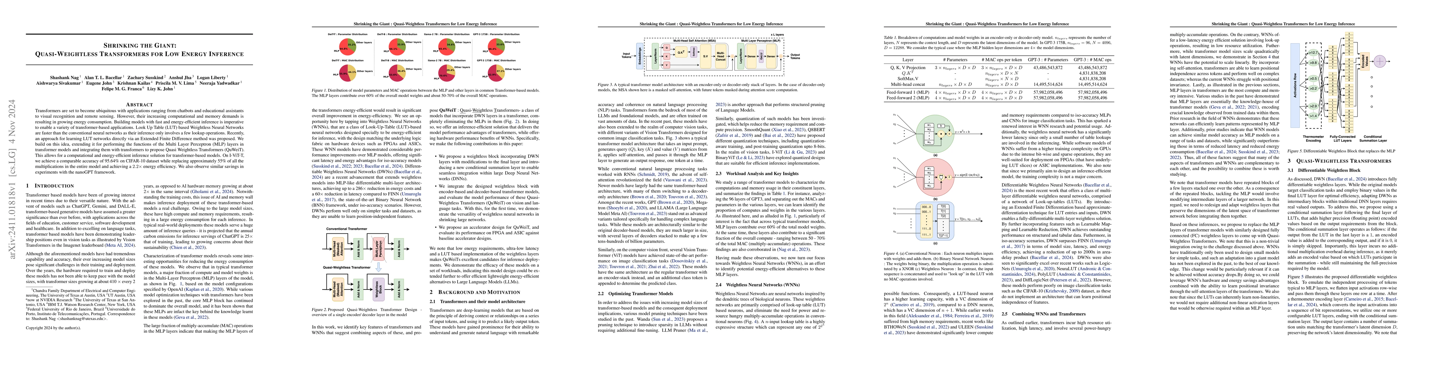 Thumbnail for Shrinking the Giant : Quasi-Weightless Transformers for Low Energy
  Inference