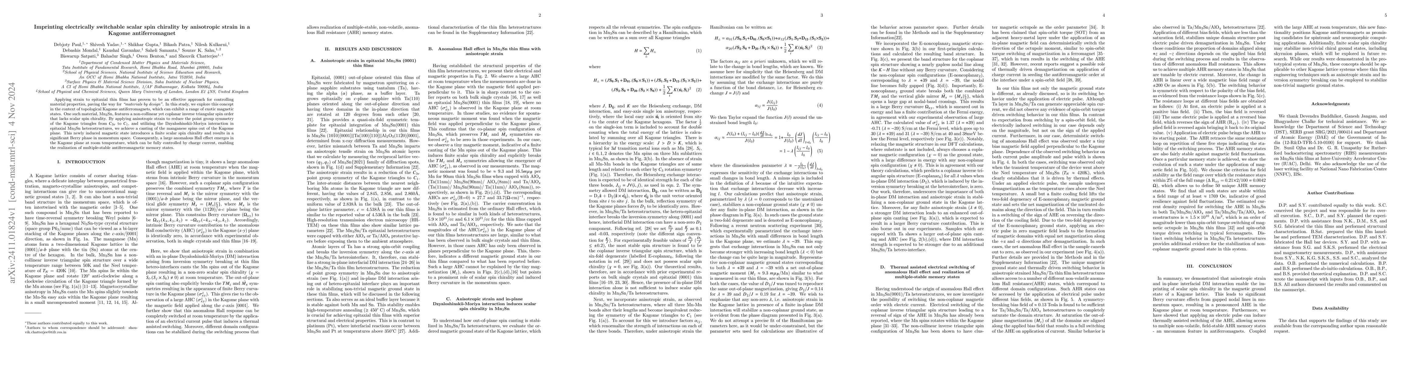 Thumbnail for Imprinting electrically switchable scalar spin chirality by anisotropic
  strain in a Kagome antiferromagnet