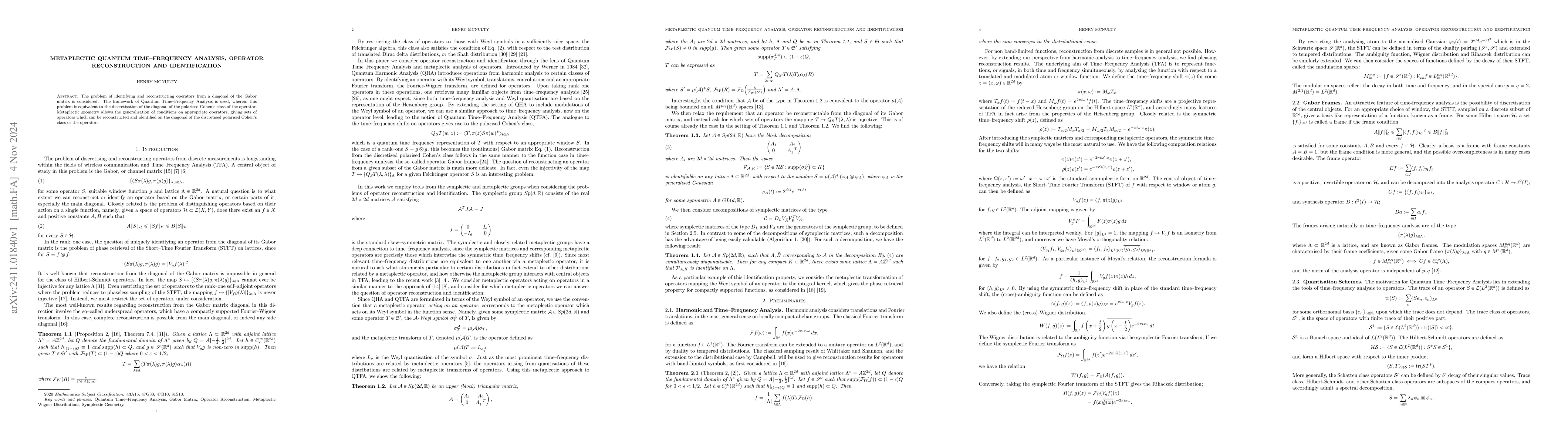 Thumbnail for Metaplectic Quantum Time--Frequency Analysis, Operator Reconstruction
  and Identification