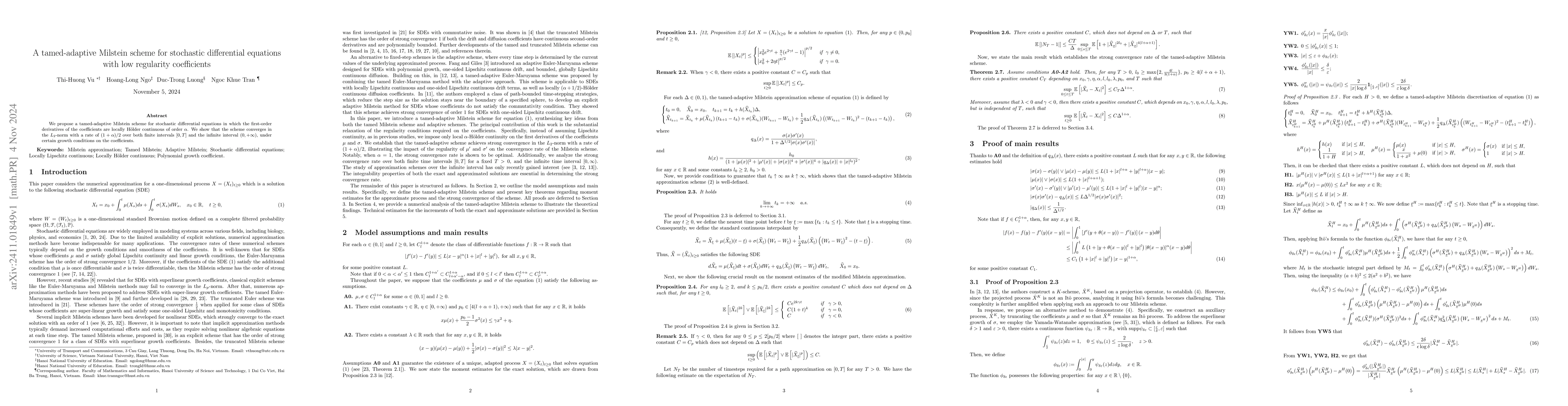Thumbnail for A tamed-adaptive Milstein scheme for stochastic differential equations
  with low regularity coefficients