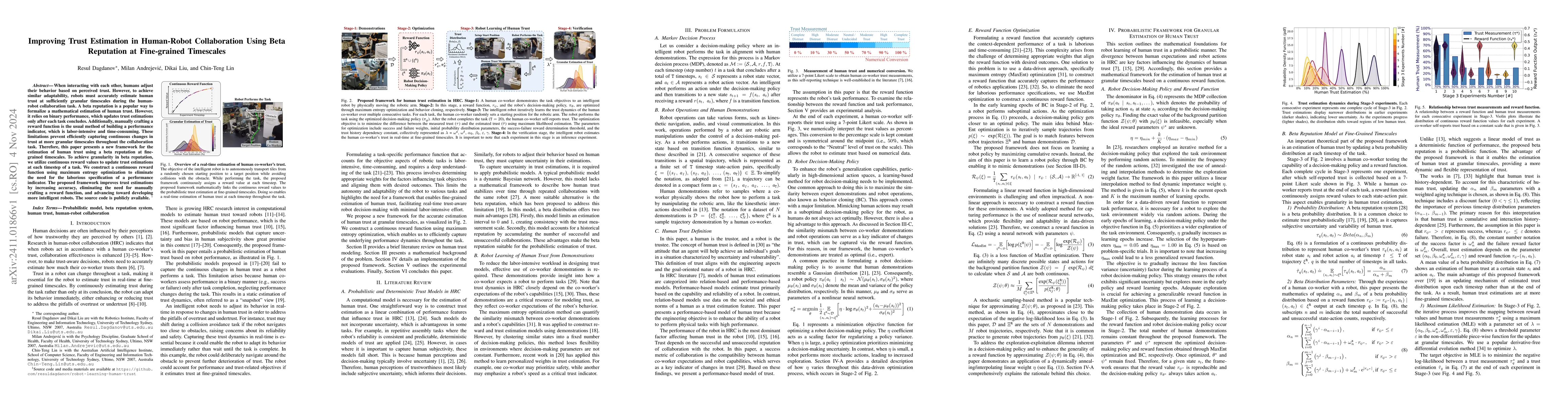 Thumbnail for Improving Trust Estimation in Human-Robot Collaboration Using Beta
  Reputation at Fine-grained Timescales