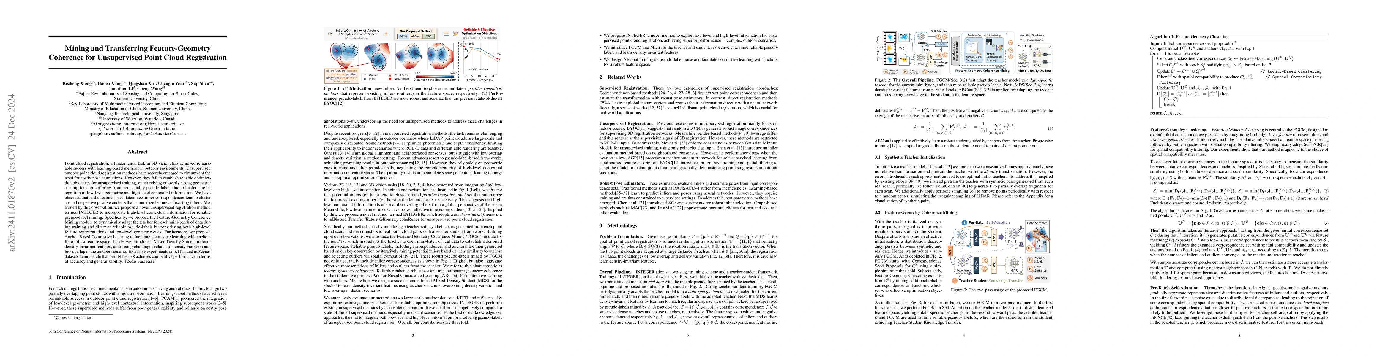 Thumbnail for Mining and Transferring Feature-Geometry Coherence for Unsupervised
  Point Cloud Registration