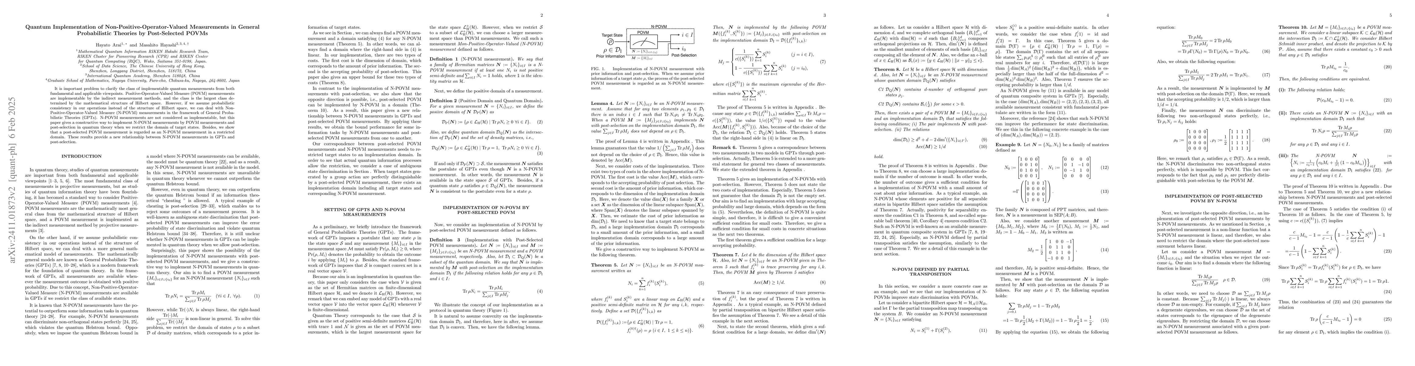 Thumbnail for Quantum Implementation of Non-Positive-Operator-Valued Measurements in
  General Probabilistic Theories by Post-Selected POVMs