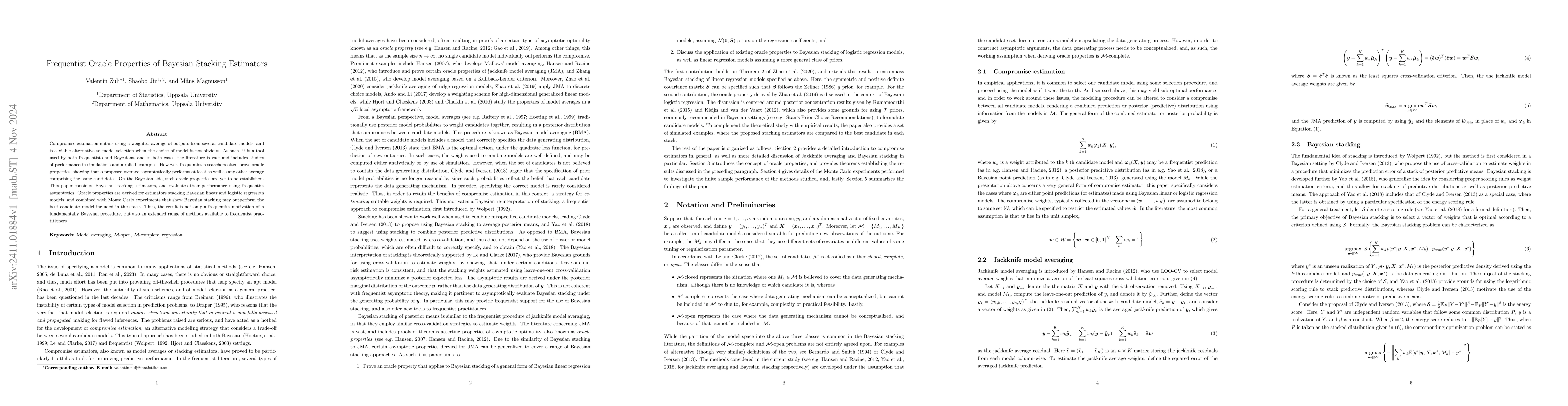 Thumbnail for Frequentist Oracle Properties of Bayesian Stacking Estimators