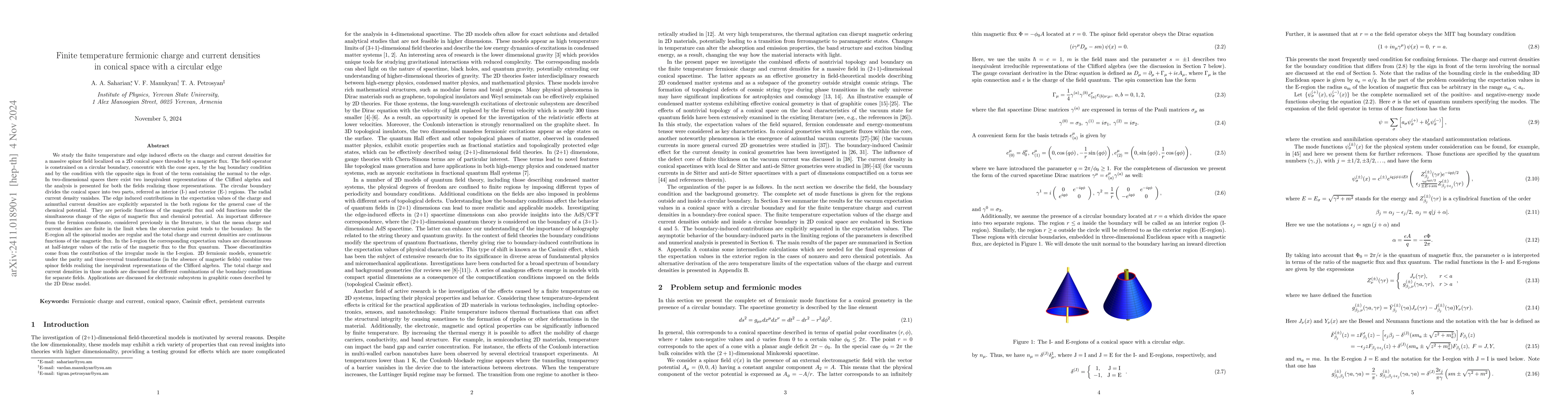 Thumbnail for Finite temperature fermionic charge and current densities in conical
  space with a circular edge
