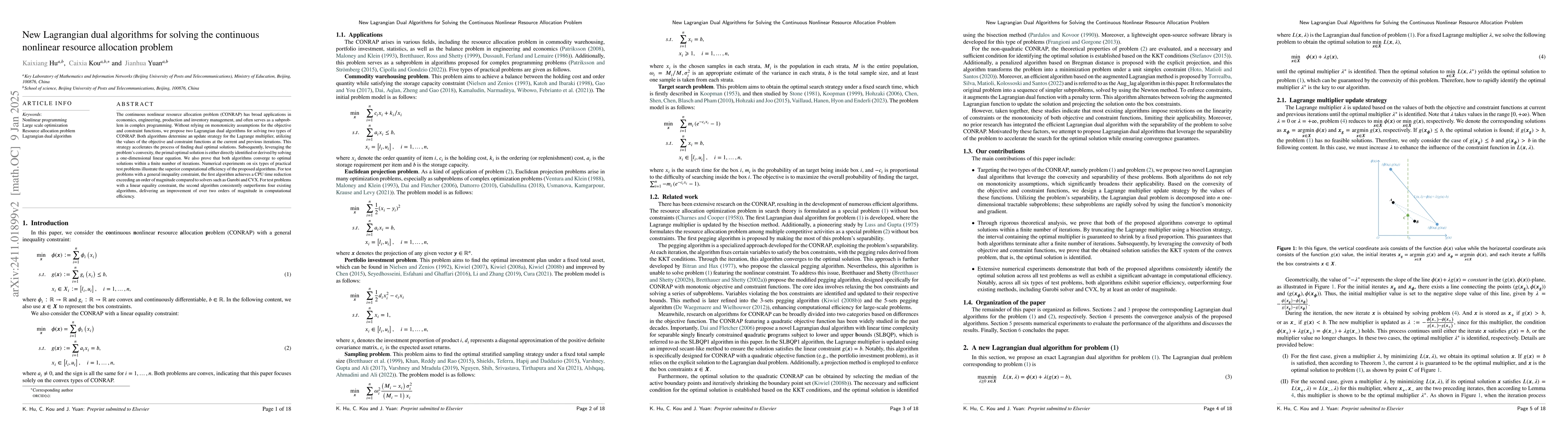 Thumbnail for New Lagrangian dual algorithms for solving the continuous nonlinear
  resource allocation problem
