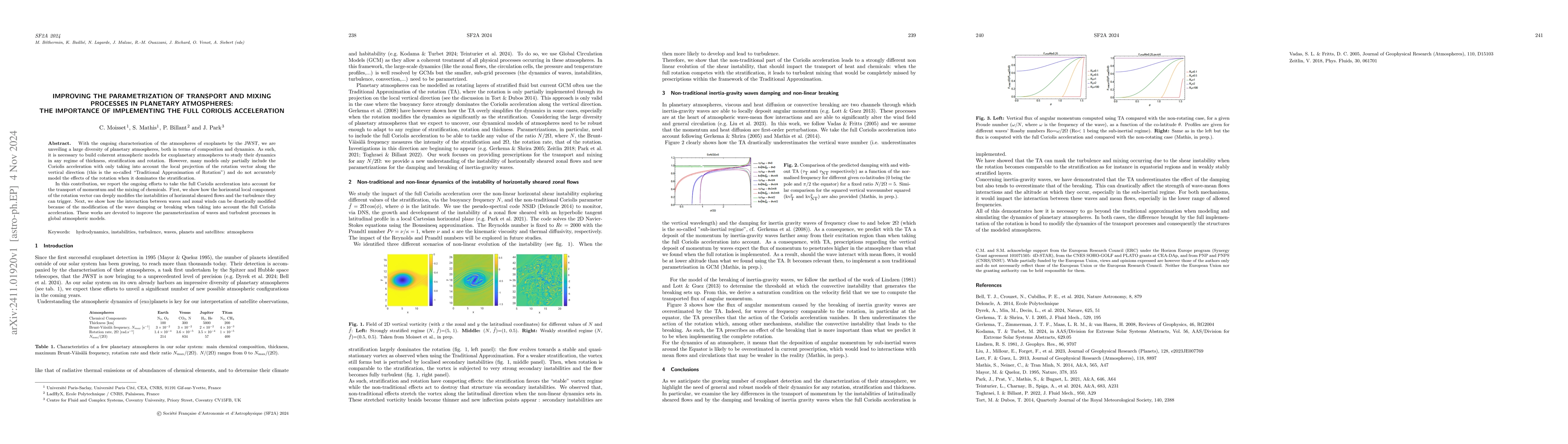 Thumbnail for Improving the parametrization of transport and mixing processes in
  planetary atmospheres: the importance of implementing the full Coriolis
  acceleration