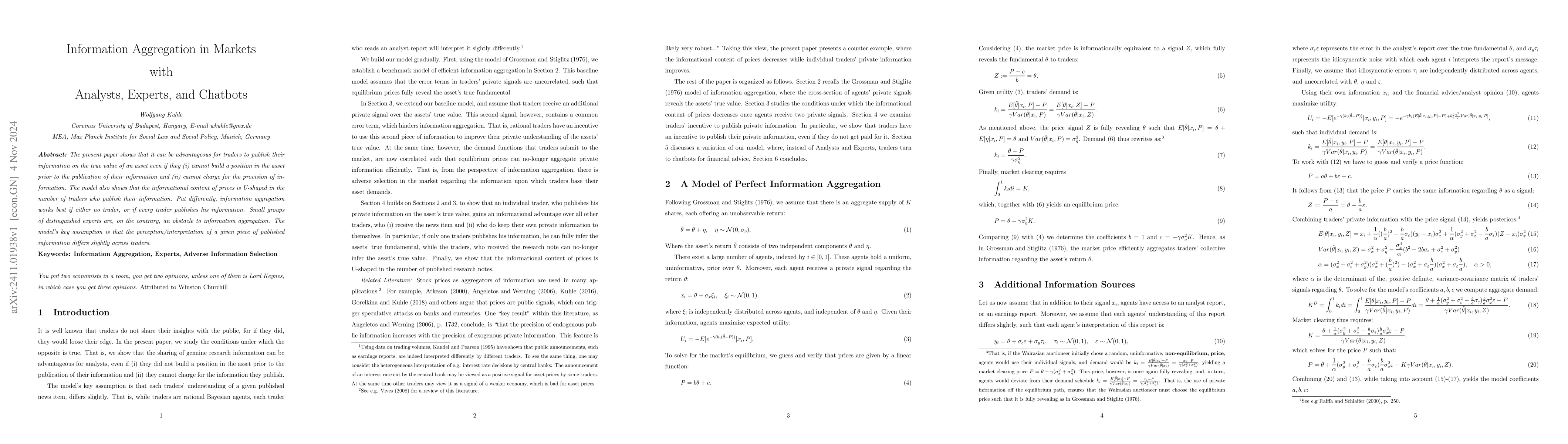 Thumbnail for Information Aggregation in Markets with Analysts, Experts, and Chatbots
