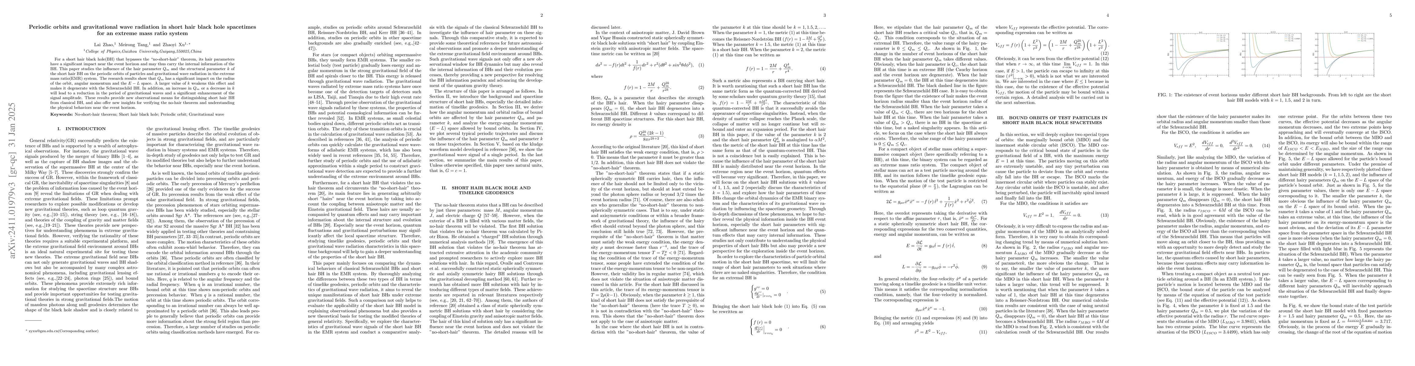 Thumbnail for Periodic orbits and gravitational wave radiation in short hair black
  hole spacetimes for an extreme mass ratio system
