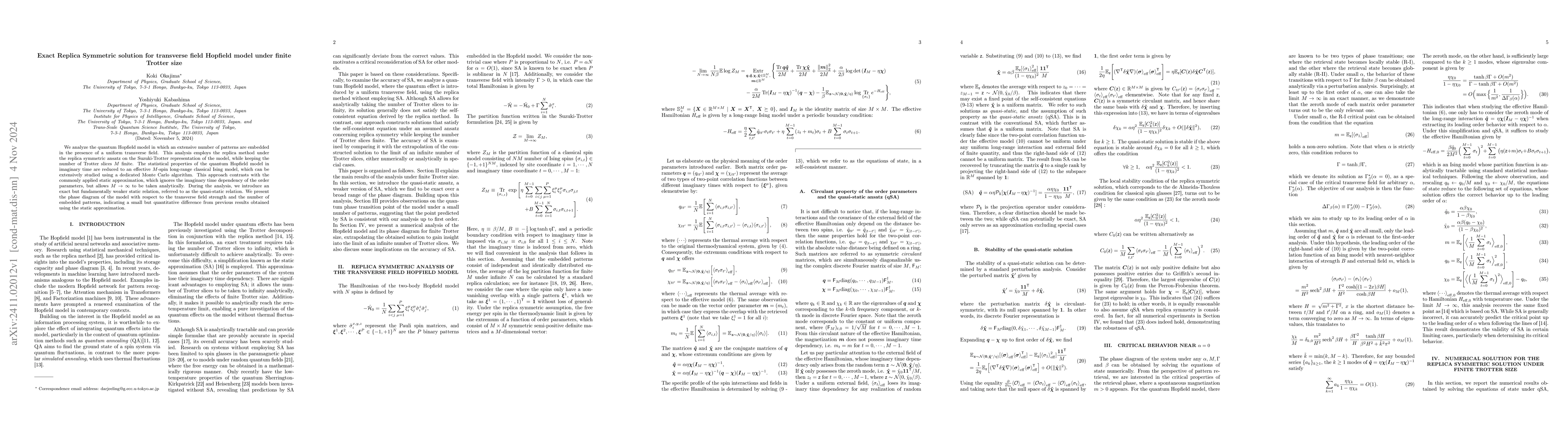 Thumbnail for Exact Replica Symmetric solution for transverse field Hopfield model
  under finite Trotter size