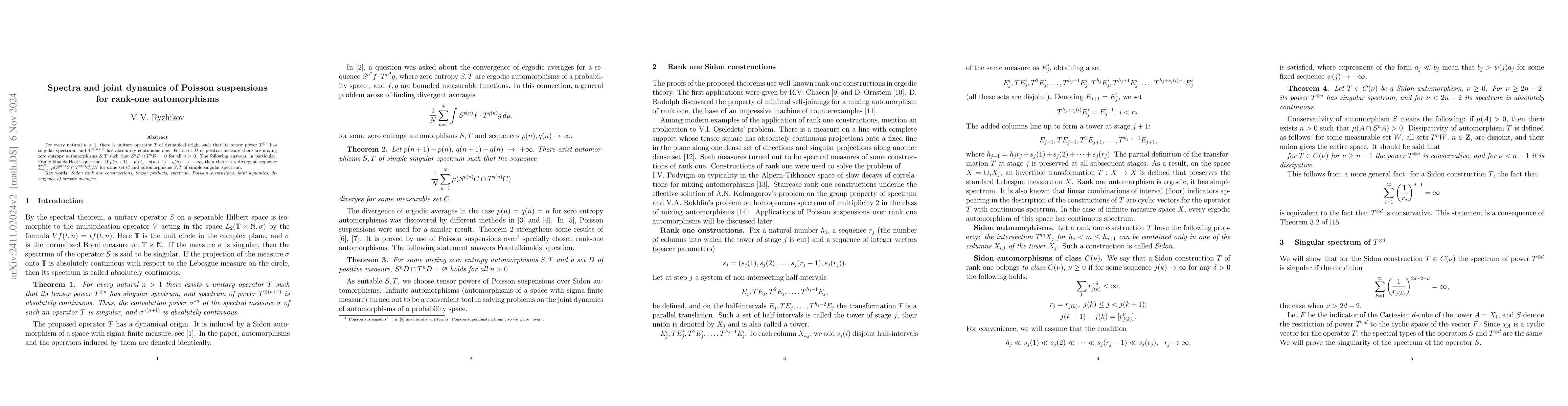Thumbnail for Spectra and joint dynamics of Poisson suspensions for rank-one
  automorphisms
