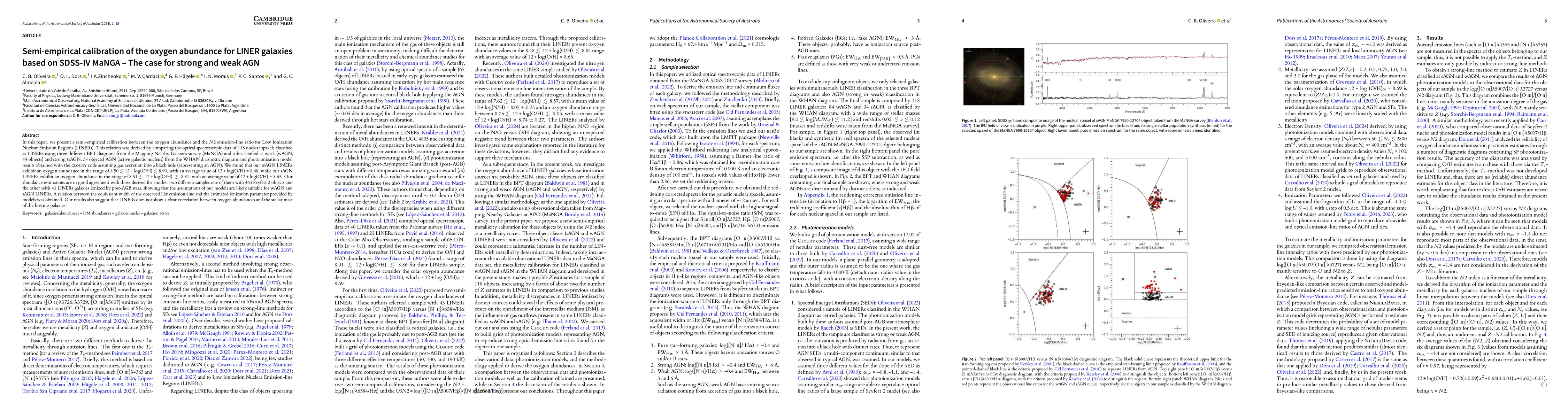 Thumbnail for Semi-empirical calibration of the oxygen abundance for LINER galaxies
  based on SDSS-IV MaNGA -- The case for strong and weak AGN