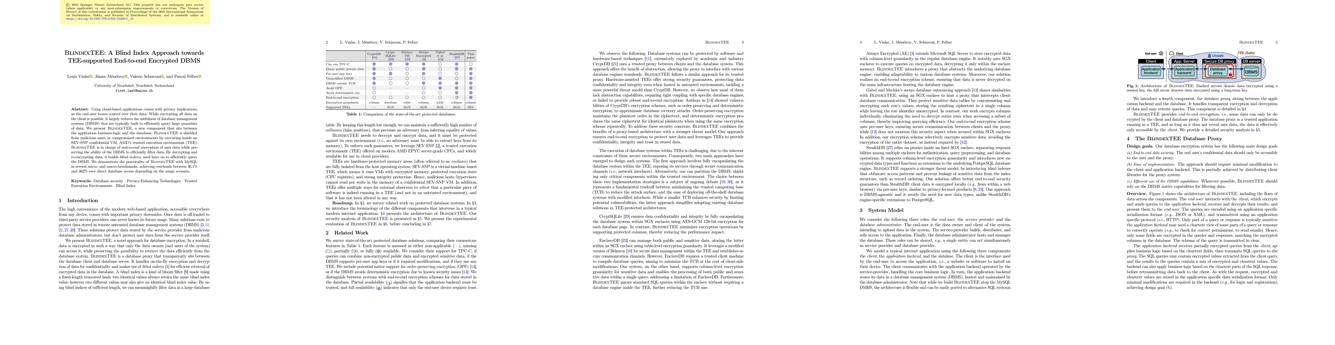 Thumbnail for BlindexTEE: A Blind Index Approach towards TEE-supported End-to-end
  Encrypted DBMS