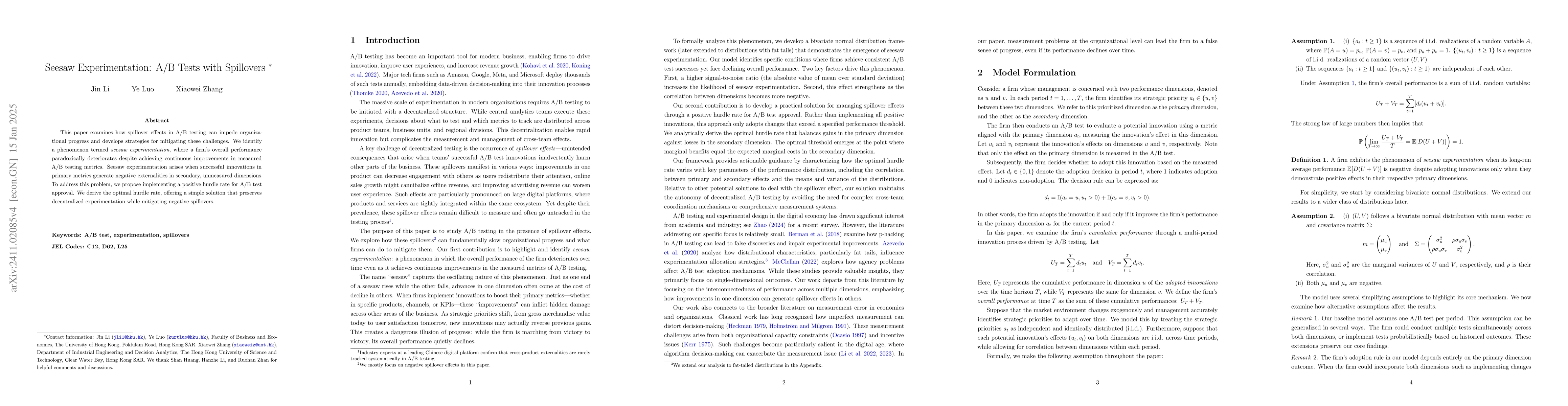 Thumbnail for Seesaw Experimentation: A/B Tests with Spillovers
