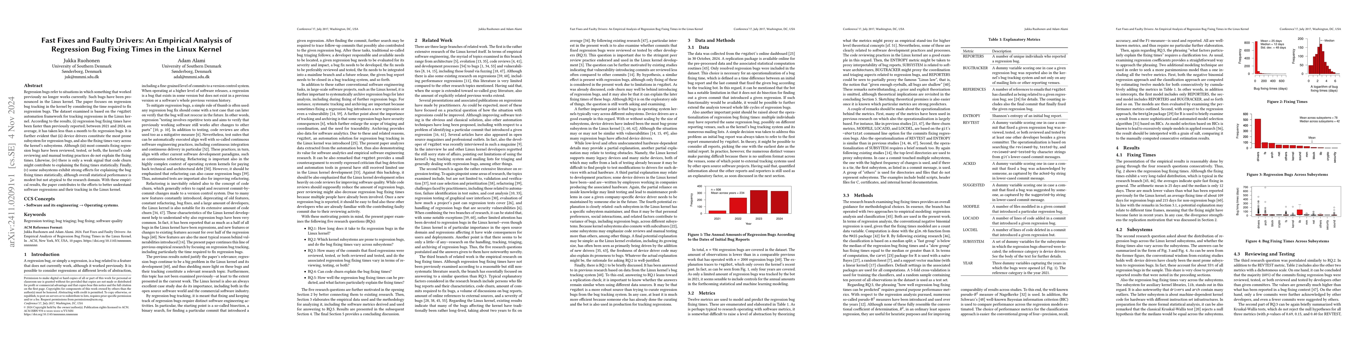 Thumbnail for Fast Fixes and Faulty Drivers: An Empirical Analysis of Regression Bug
  Fixing Times in the Linux Kernel