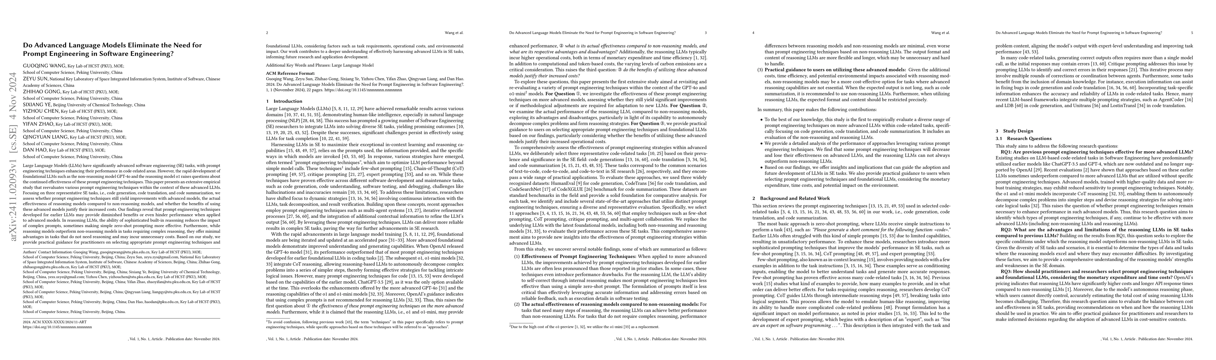 Thumbnail for Do Advanced Language Models Eliminate the Need for Prompt Engineering in
  Software Engineering?