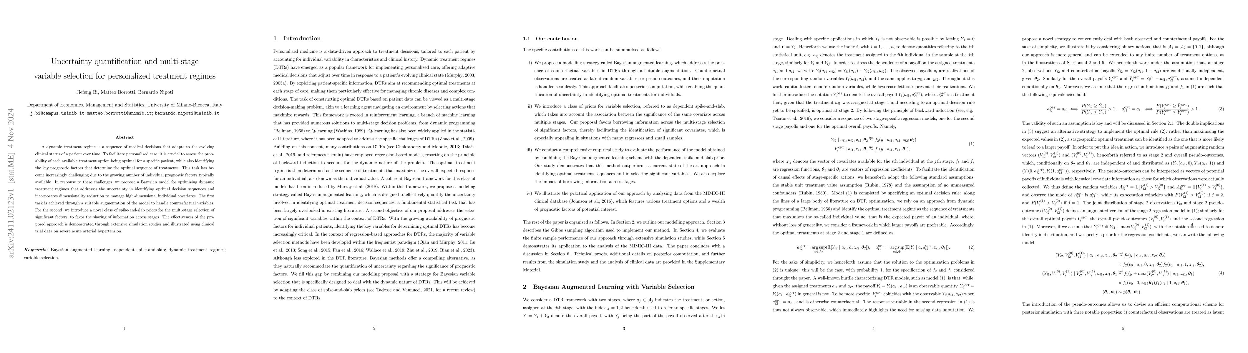 Thumbnail for Uncertainty quantification and multi-stage variable selection for
  personalized treatment regimes