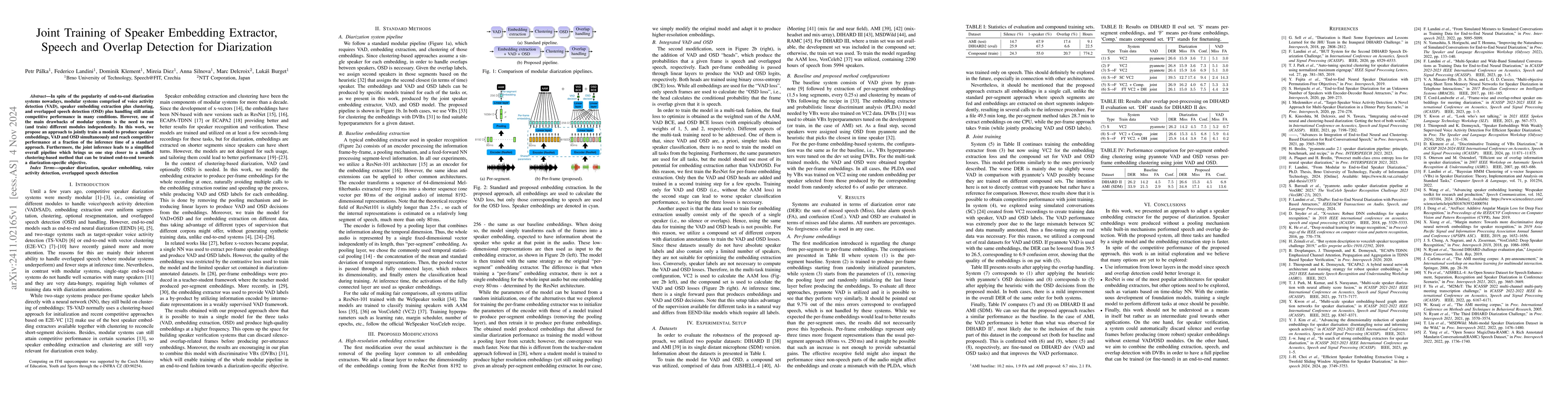 Thumbnail for Joint Training of Speaker Embedding Extractor, Speech and Overlap
  Detection for Diarization