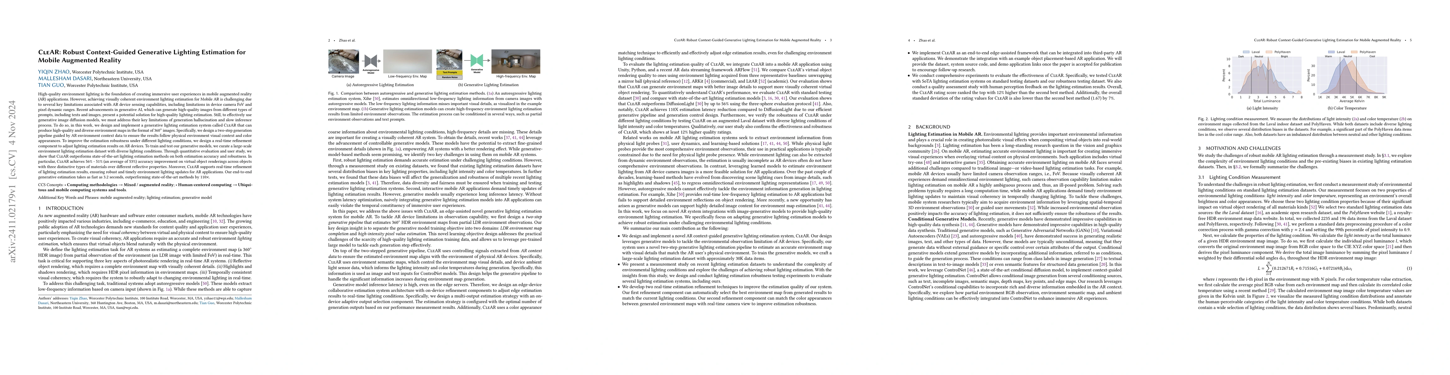 Thumbnail for CleAR: Robust Context-Guided Generative Lighting Estimation for Mobile
  Augmented Reality