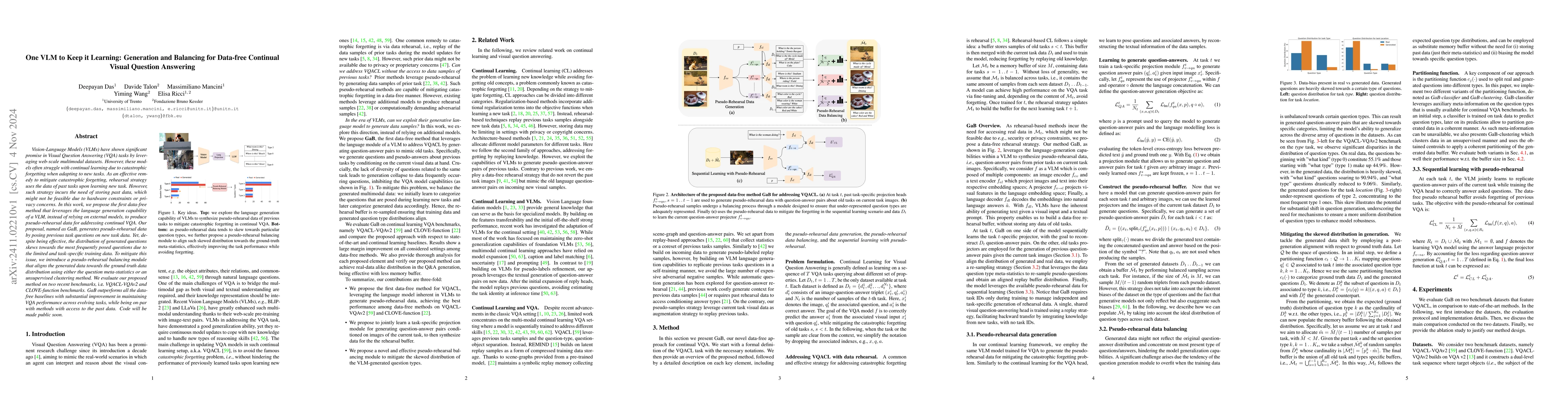 Thumbnail for One VLM to Keep it Learning: Generation and Balancing for Data-free
  Continual Visual Question Answering
