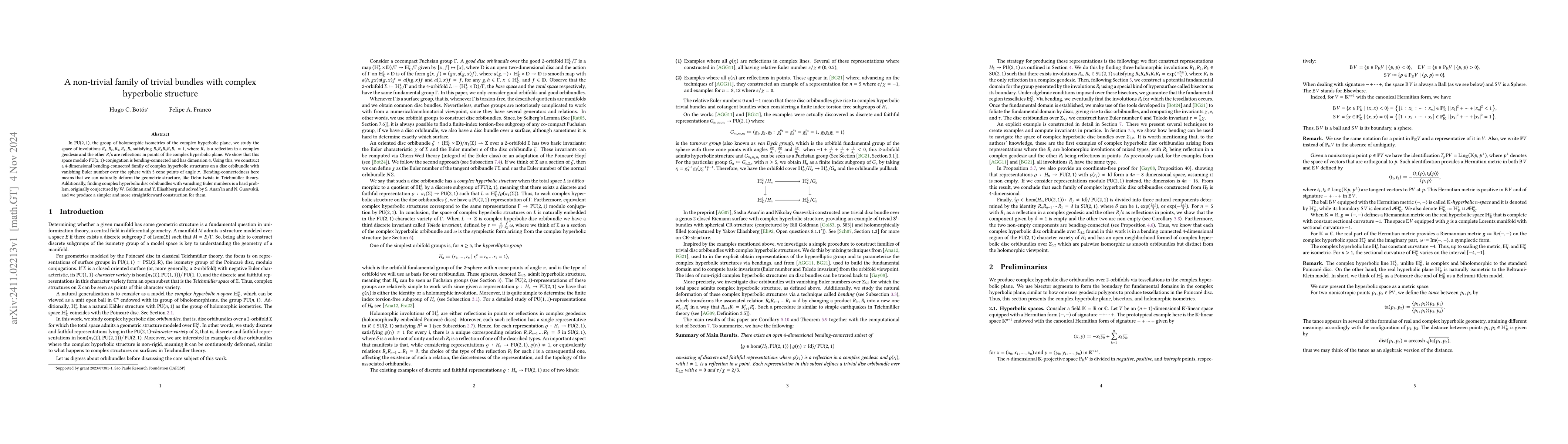 Thumbnail for A non-trivial family of trivial bundles with complex hyperbolic
  structure