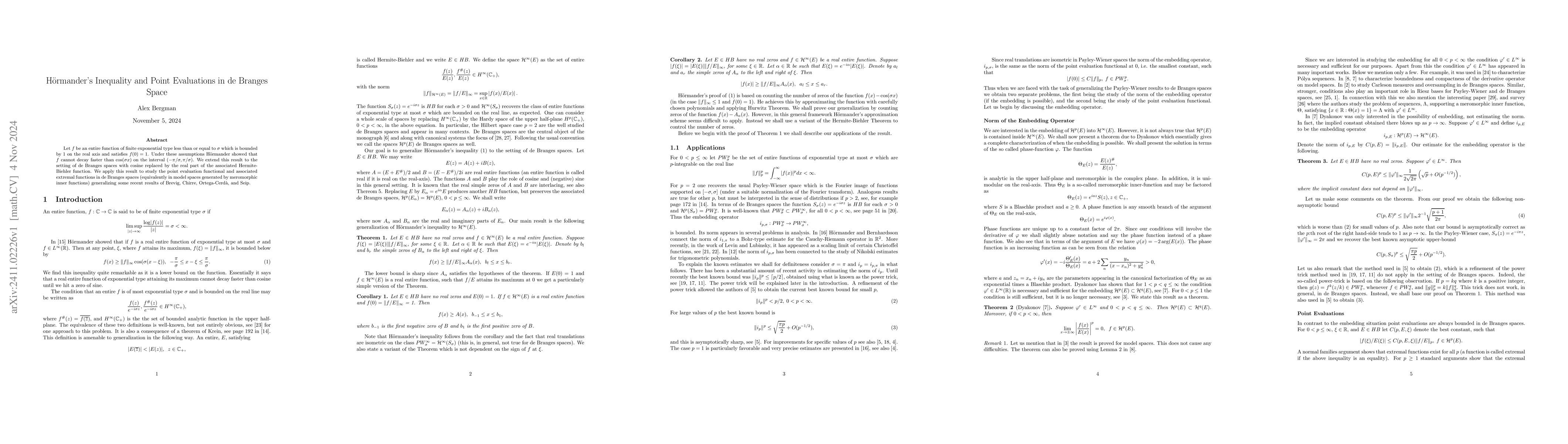 Thumbnail for Hörmander's Inequality and Point Evaluations in de Branges Space