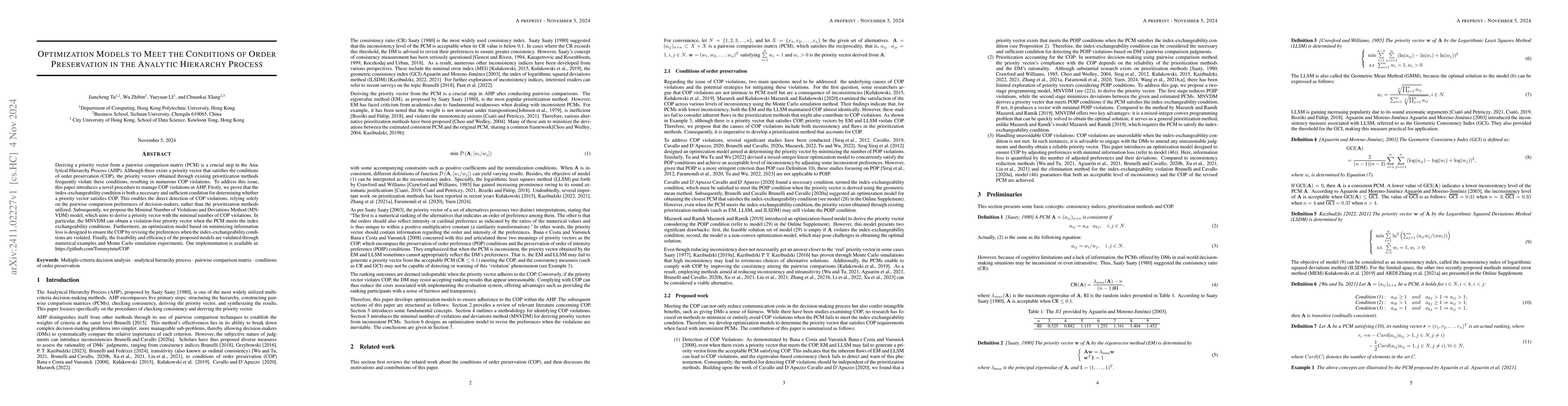 Thumbnail for Optimization Models to Meet the Conditions of Order Preservation in the
  Analytic Hierarchy Process